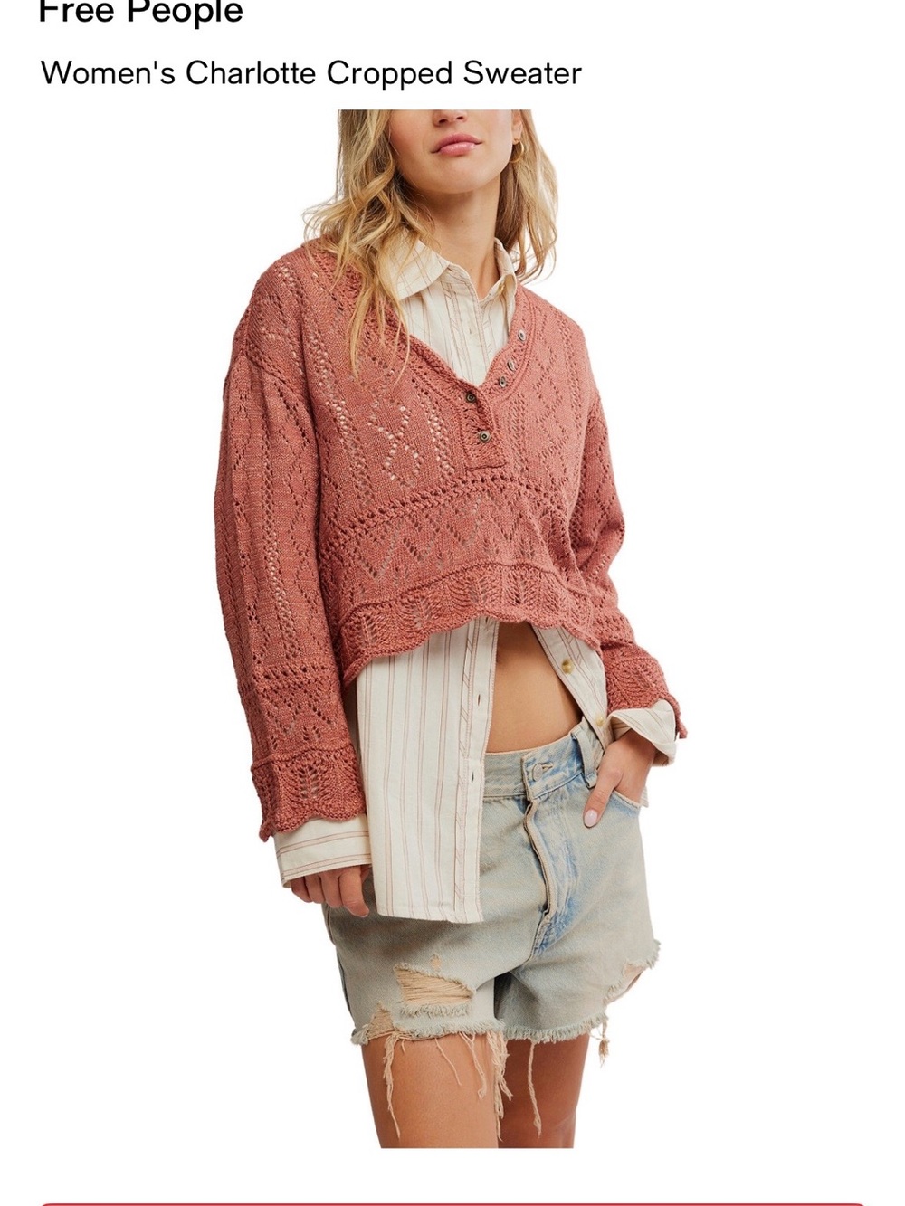 Free People Cropped Knit Henley Sweater in Dusty Rose